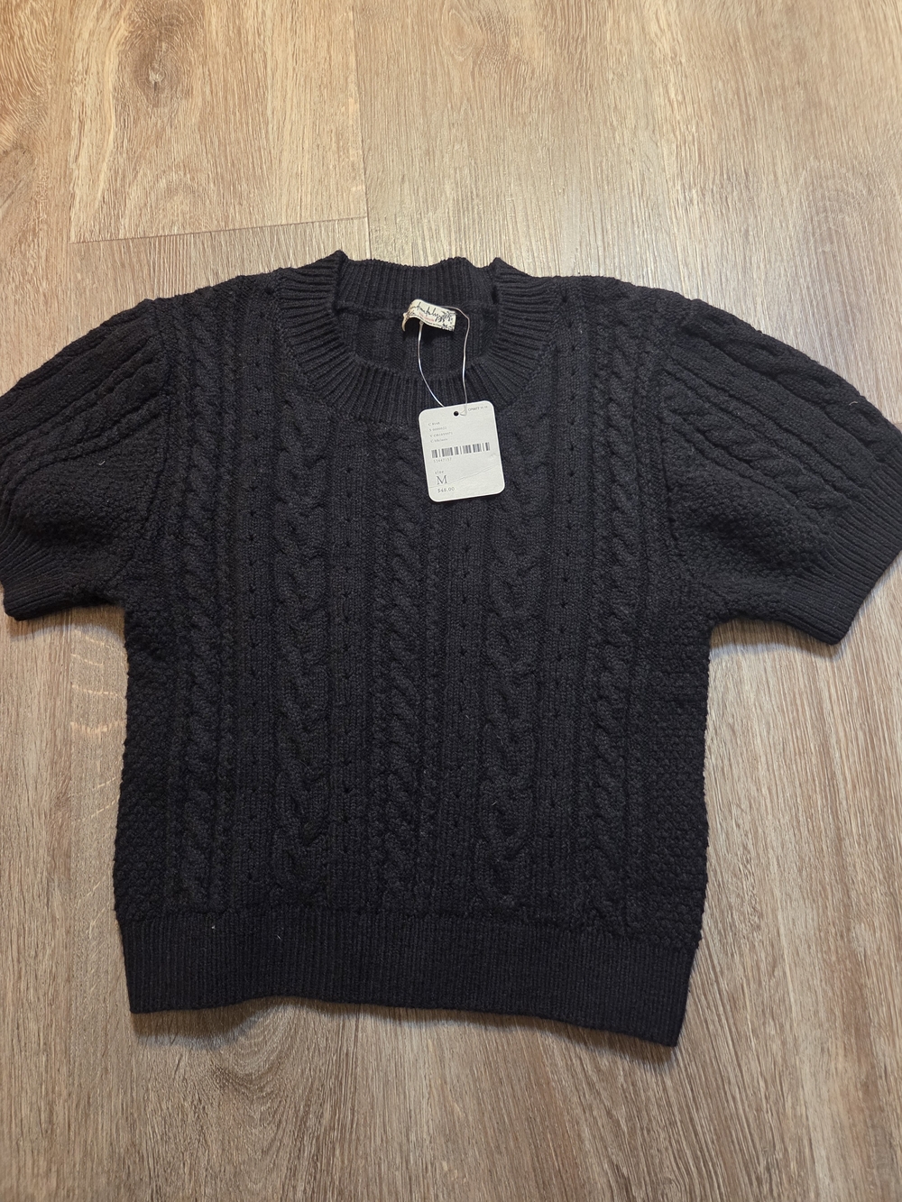 Free People Intimately Black Cable Knit Short Sleeve Sweater Top M NWT